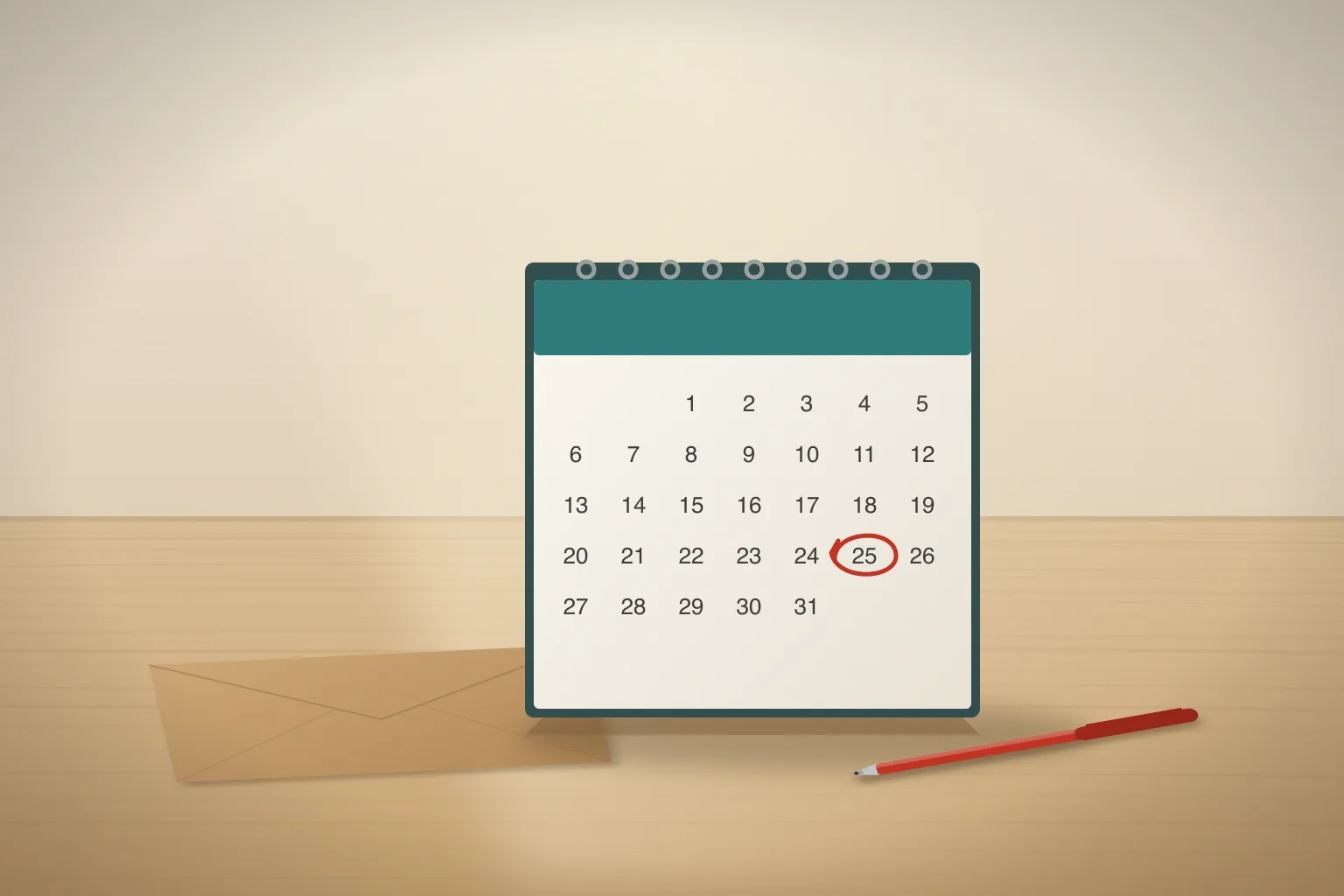 A pay envelope, a desk calendar with one date circled in red, and a red pen.