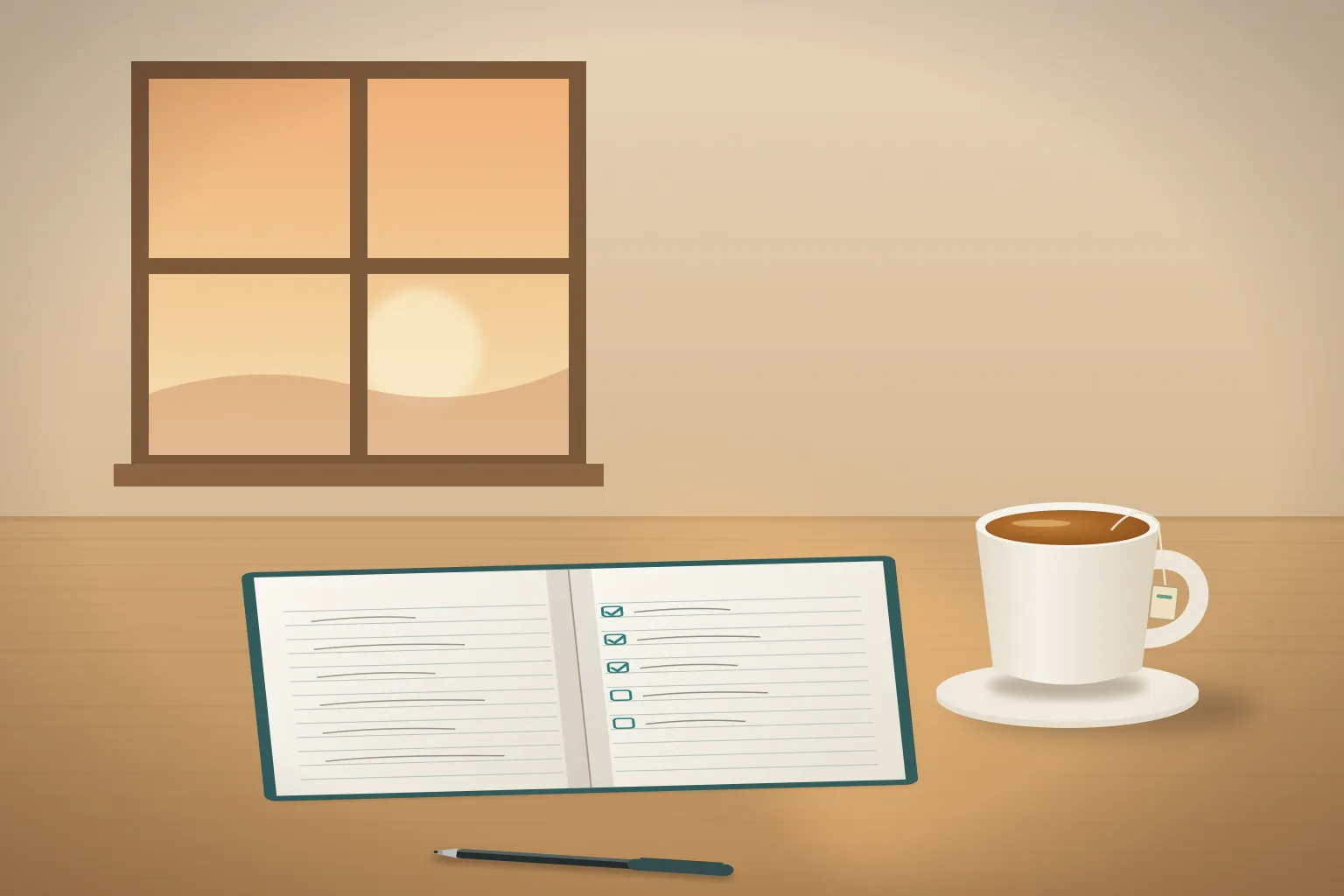 An open planner, a pen, and a cup of tea on a desk by the window in evening light.