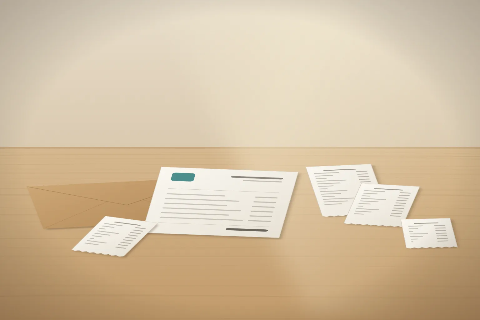 A few grocery receipts, an invoice, and a kraft envelope spread on a wooden table.