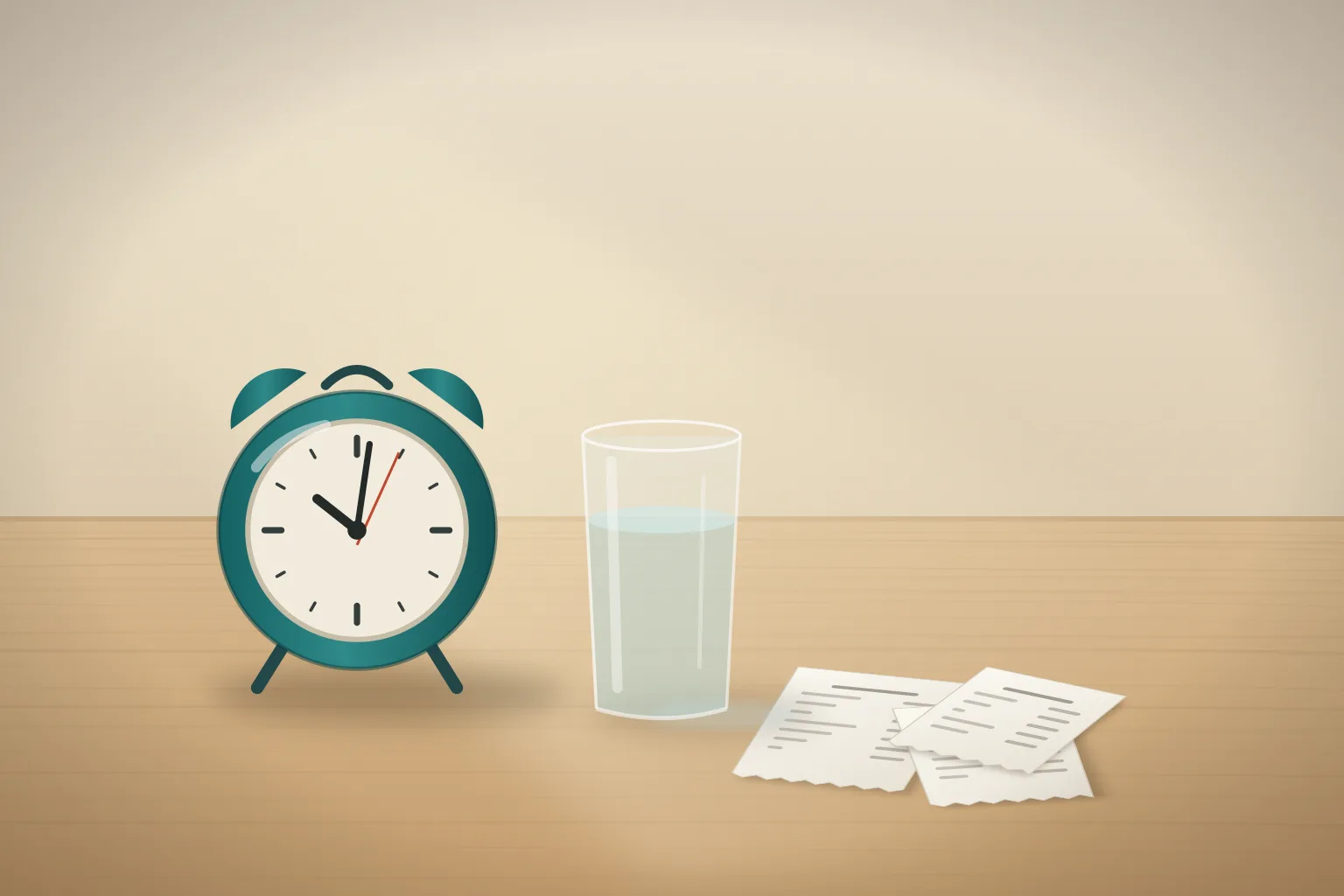 An alarm clock, a glass of water, and a few receipts on a wooden table.