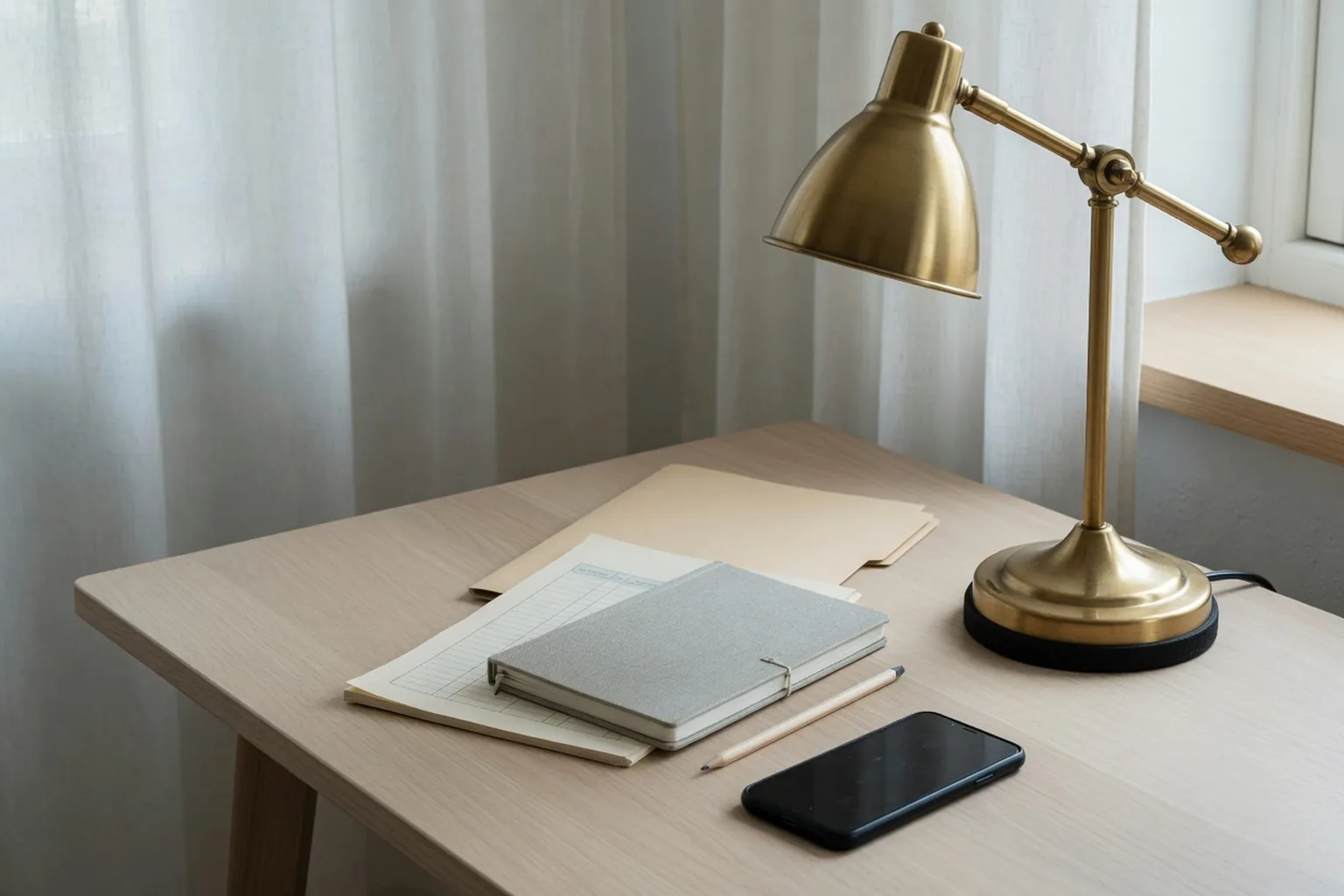 Oak desk with a grid-paper sheet, a linen notebook, a pencil, and a face-down phone.