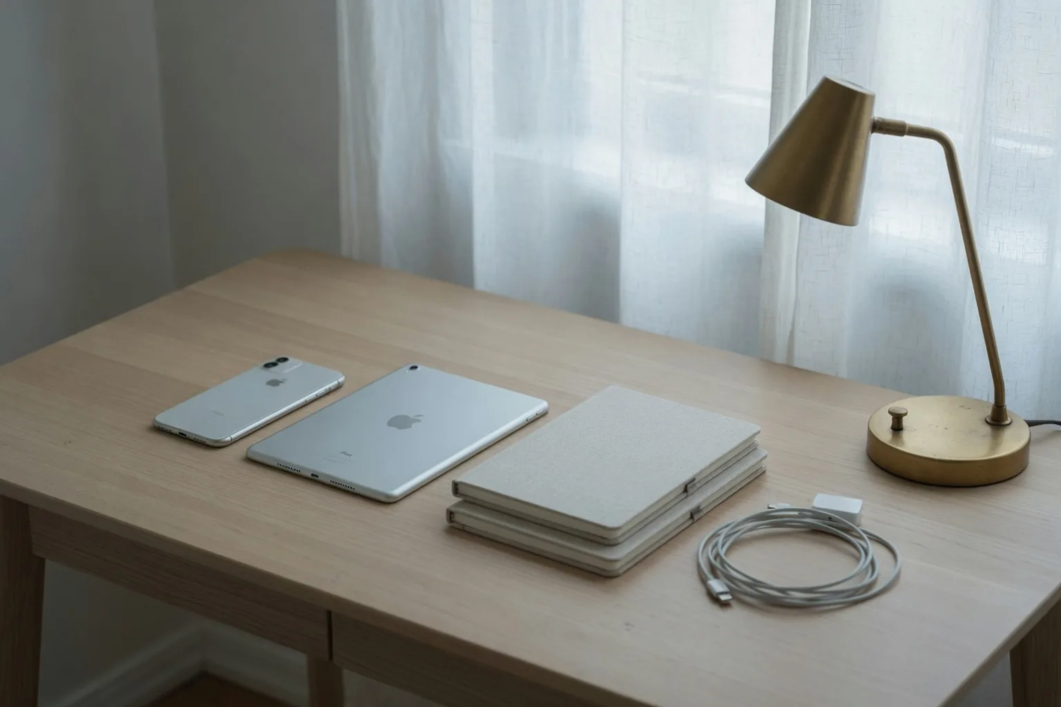 Oak desk with a face-down iPhone and iPad, two linen notebooks, and a charging cable.