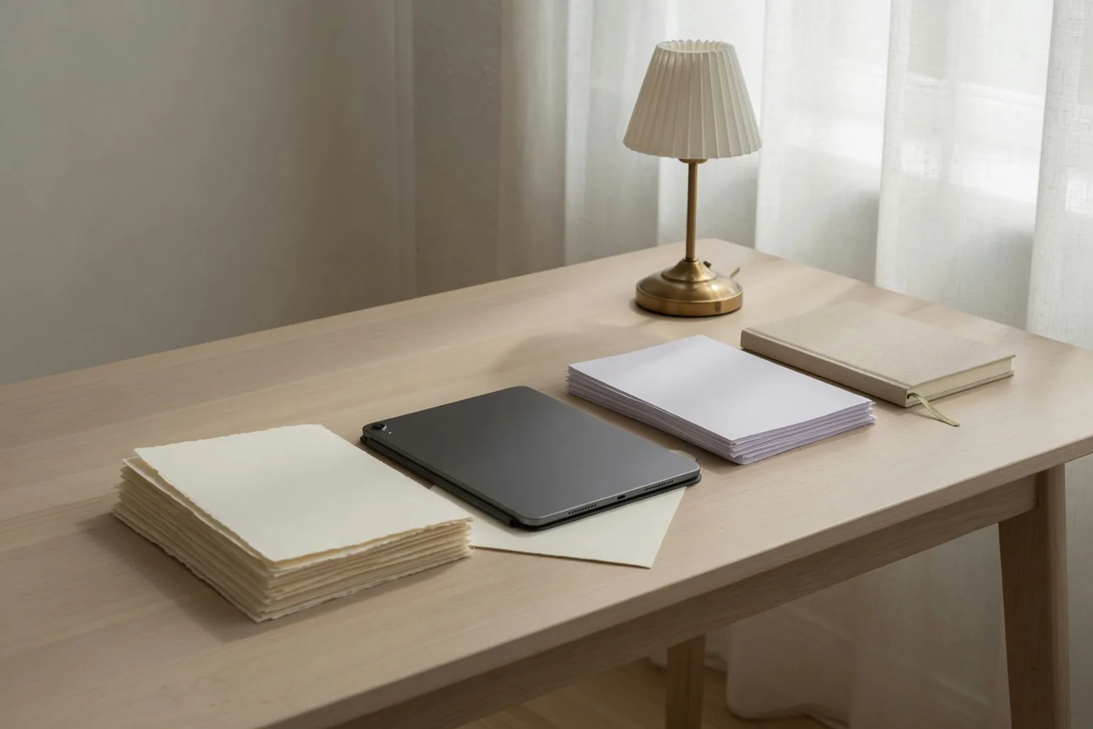 A wider oak desk with a face-down iPad between two stacks of paper, like a split view.
