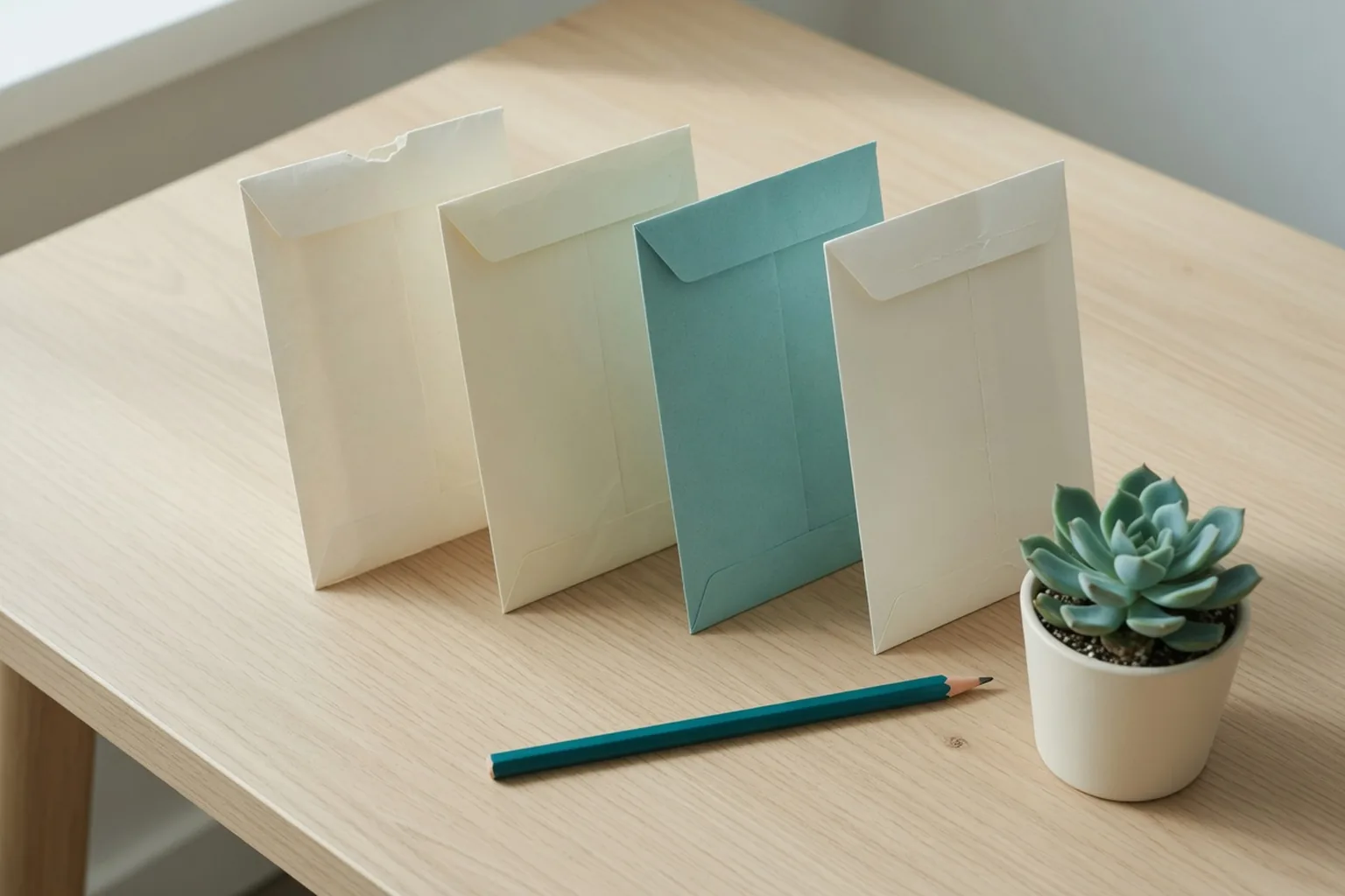 Four plain paper envelopes and a pencil on a pale oak desk.