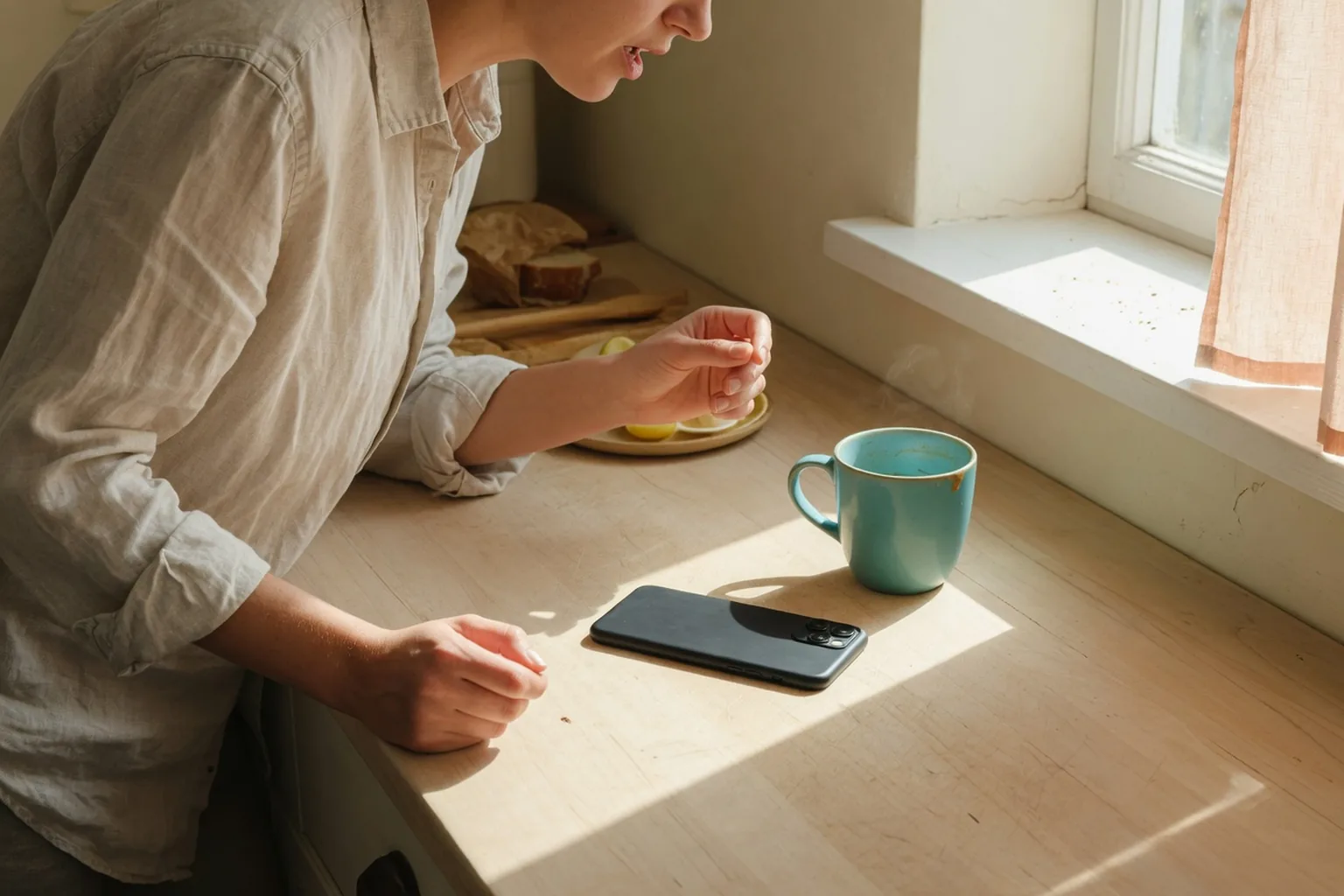 Person speaking toward a face-down phone on a kitchen counter.