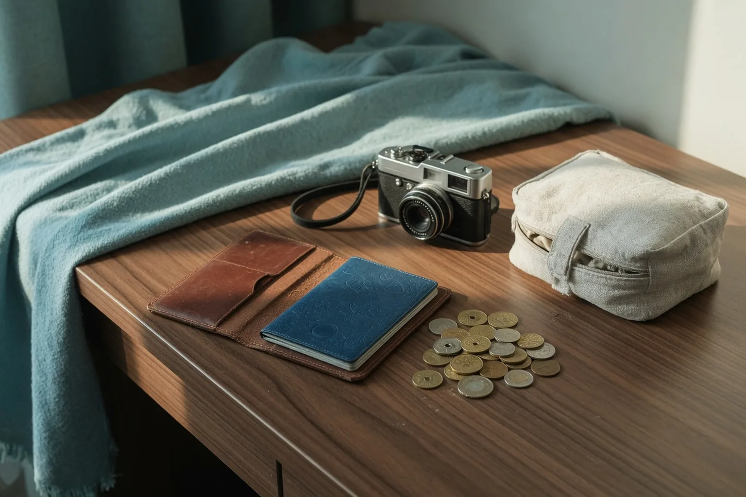 Passport holder, mixed coins, and a camera on a hotel desk.