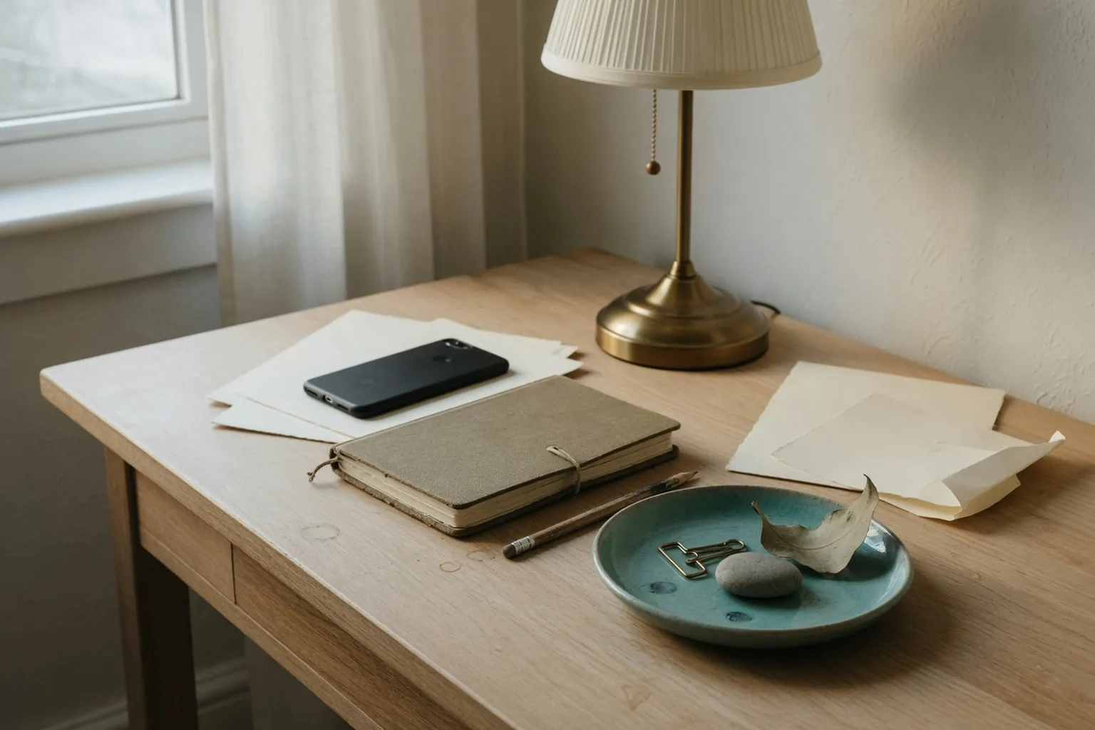 Quiet desk with a face-down phone, closed notebook, and brass lamp.
