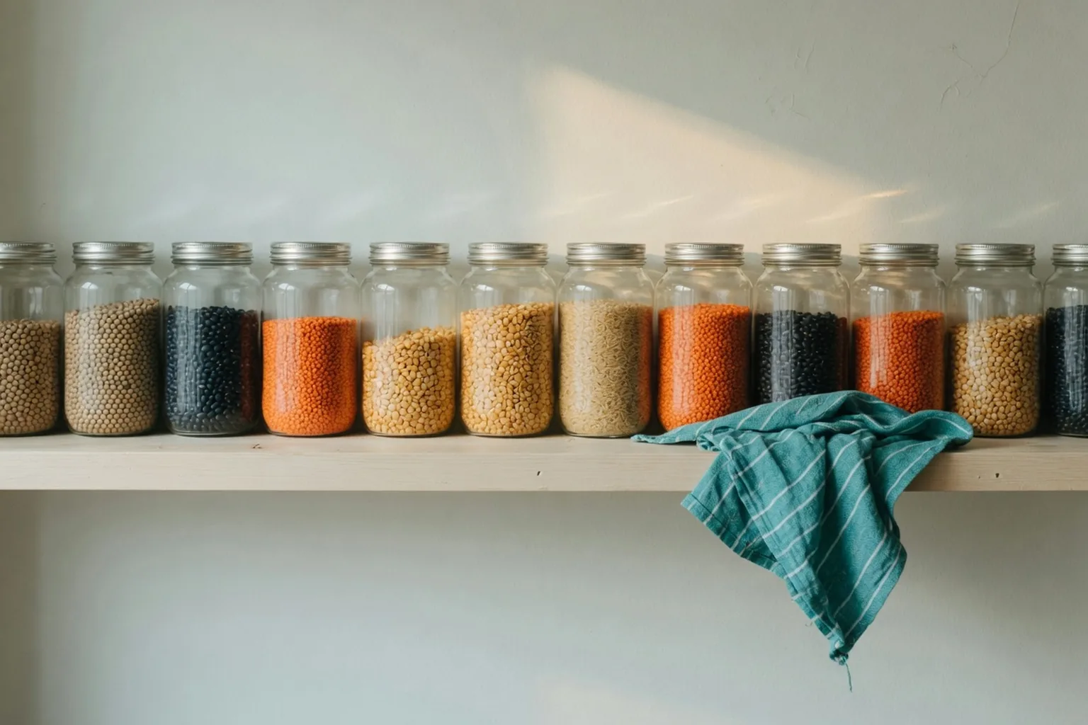 A repeating row of glass jars on a kitchen shelf.