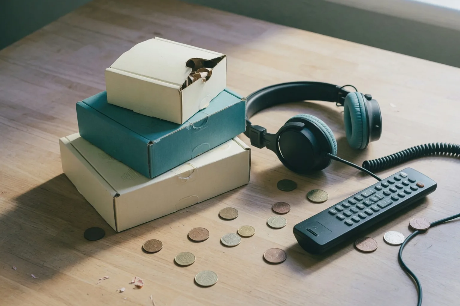 Desk with stacked boxes, headphones, a remote, and loose coins.