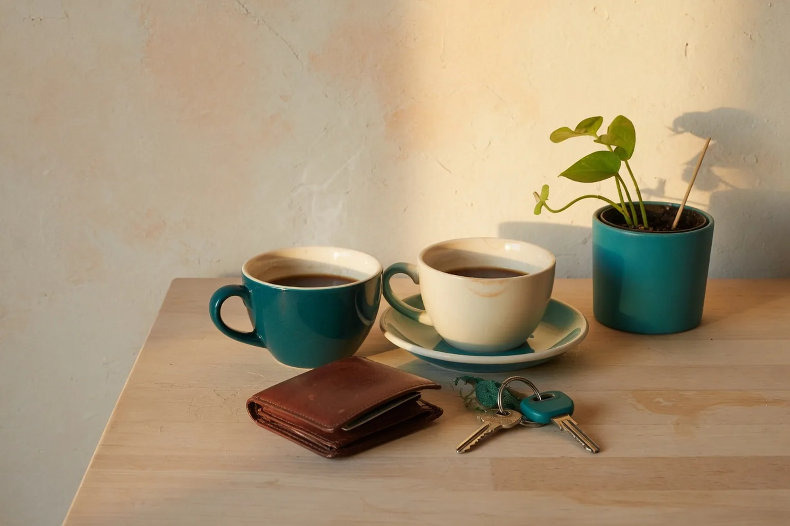 Two coffee cups, a wallet, and house keys on a shared table.
