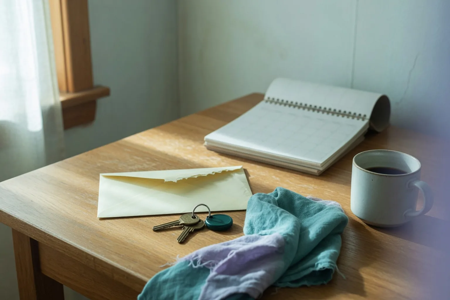 Kitchen table with a rent envelope, house keys, and a blank calendar.