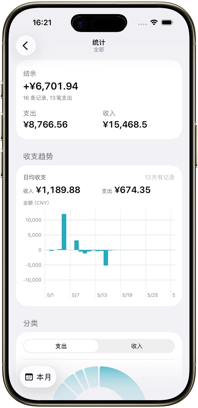 統計頁,含結餘、收支圖和分類環圖。