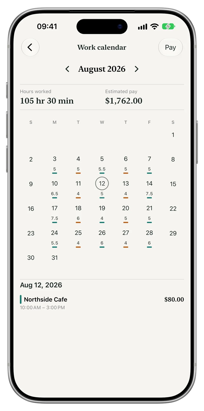 Wagebook work calendar with monthly hours and estimated pay.