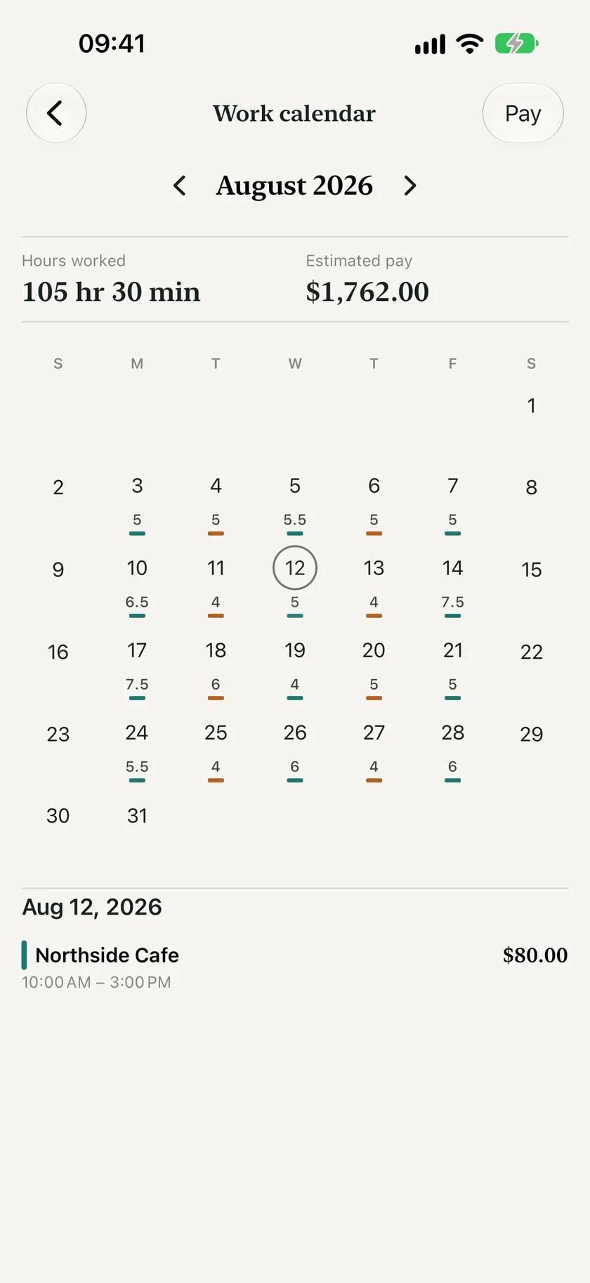 Wagebook work calendar for August with 105 hours 30 minutes and $1,762 estimated pay.