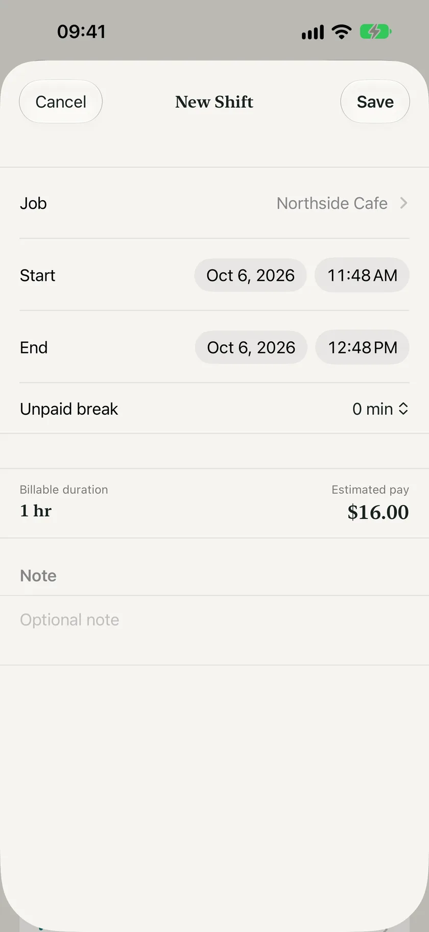 New shift form with job, start, end, unpaid break, and estimated pay.