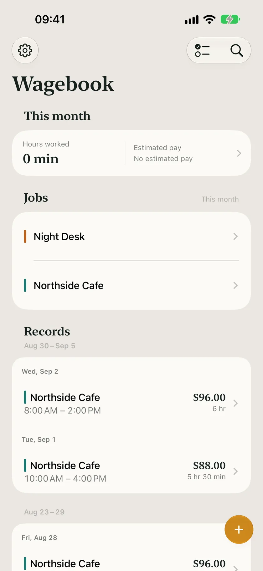 Wagebook home with two jobs, Night Desk and Northside Cafe, and recent shifts.