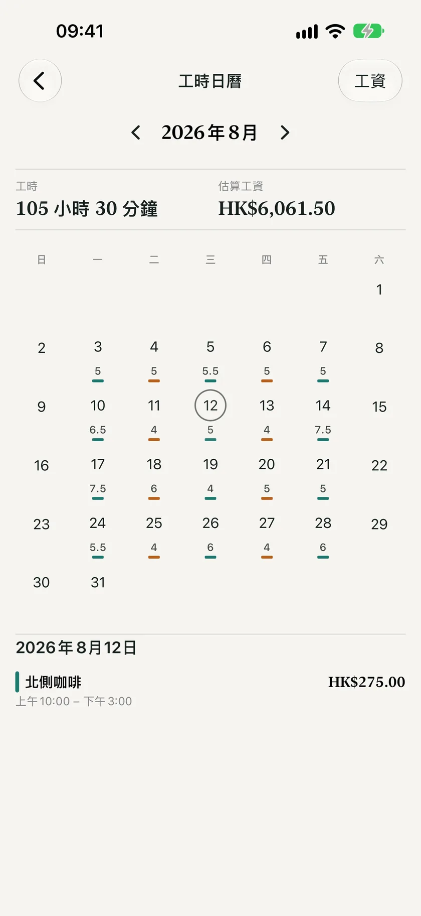 工時本 8 月工作月曆，顯示總工時和估算工資。