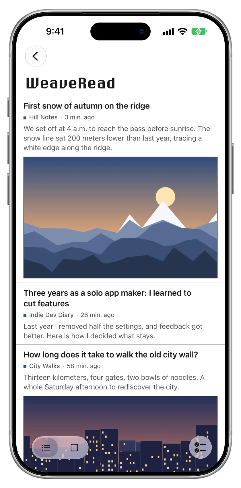 WeaveRead timeline with posts from several blogs.