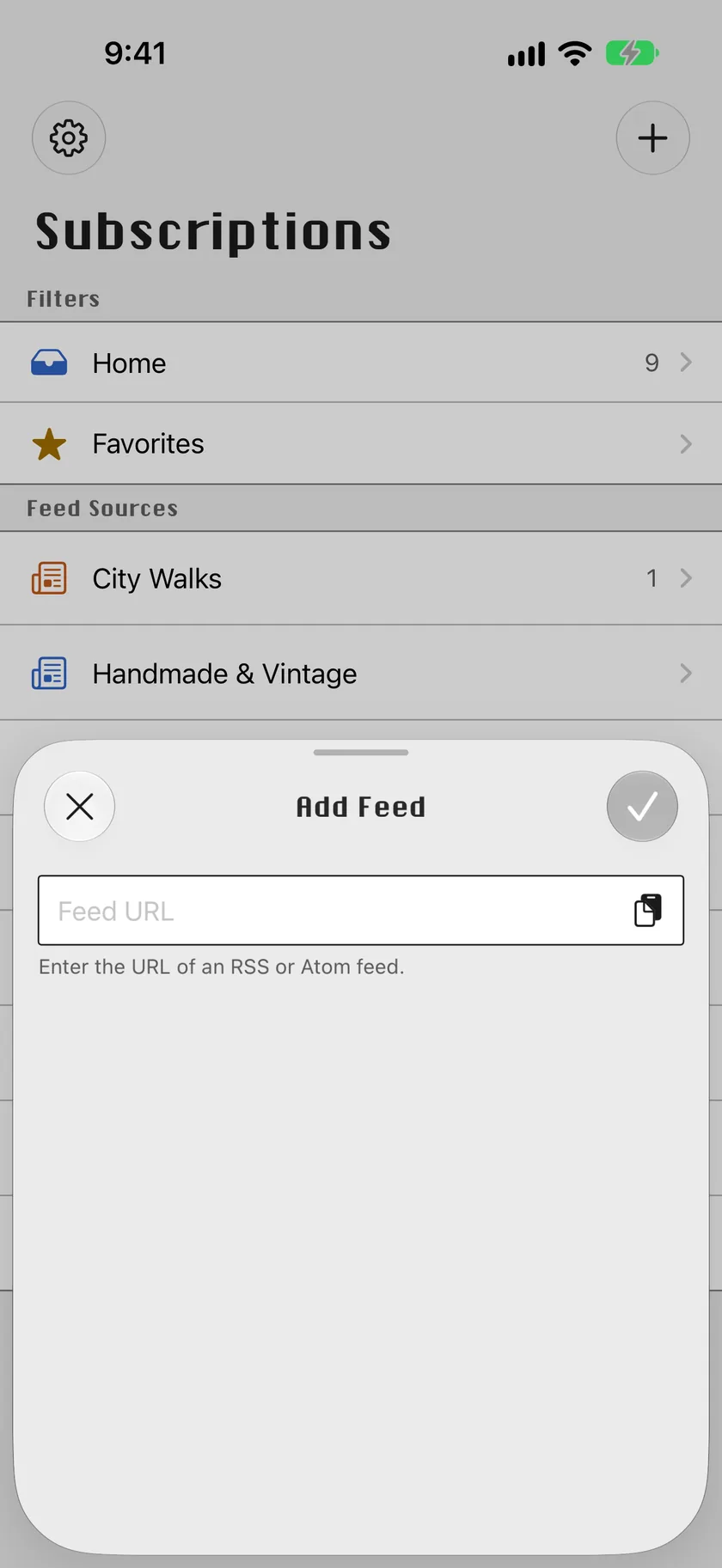 Add Feed sheet asking for the URL of an RSS or Atom feed.