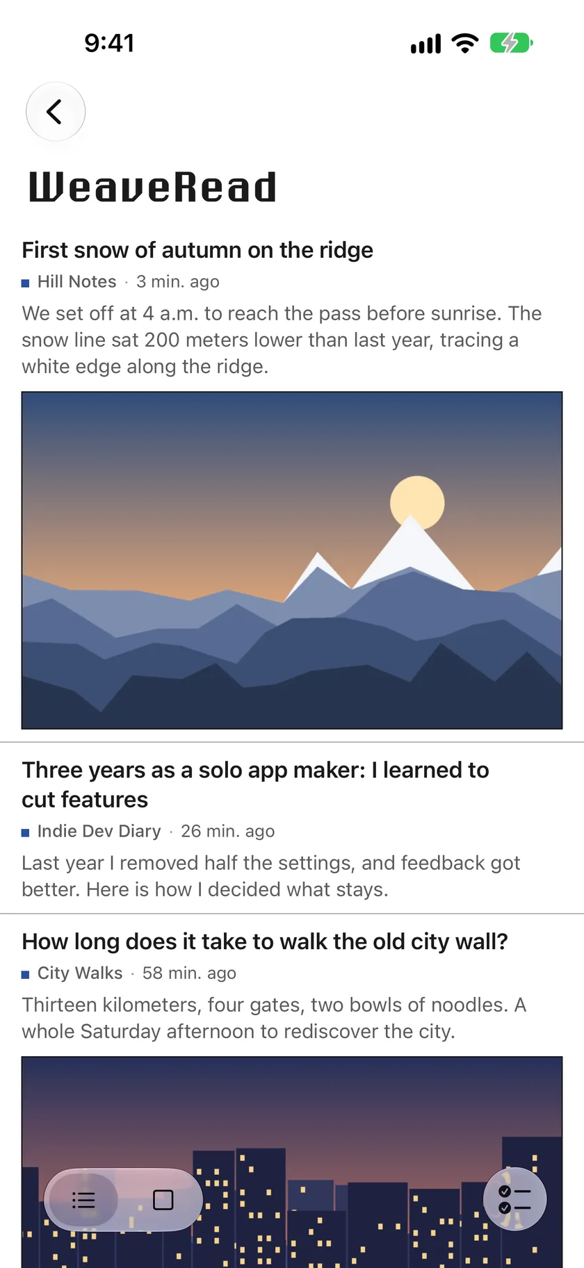 WeaveRead timeline with posts from several blogs, newest first.