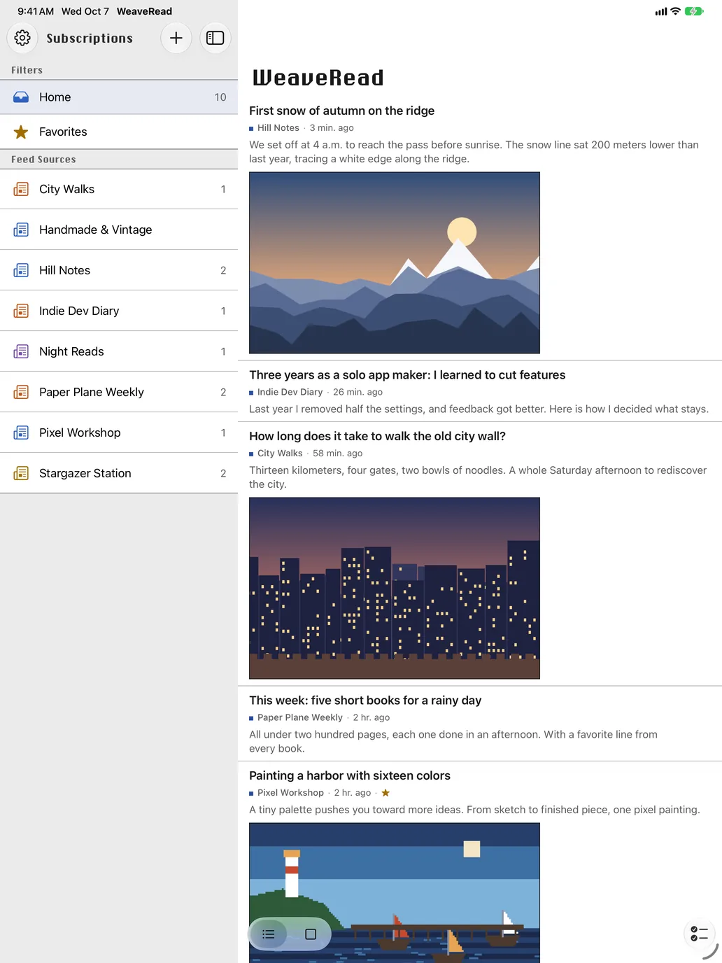 WeaveRead on iPad with subscriptions in a sidebar and the timeline beside it.