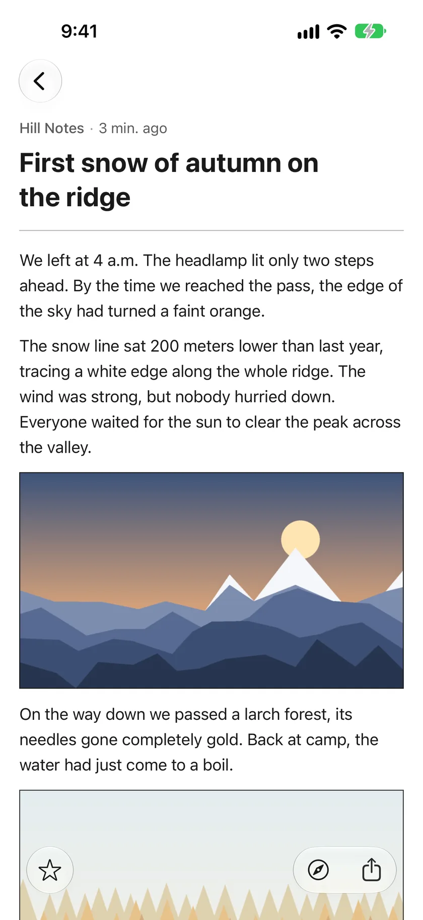An article open in WeaveRead’s reading view with a landscape illustration.